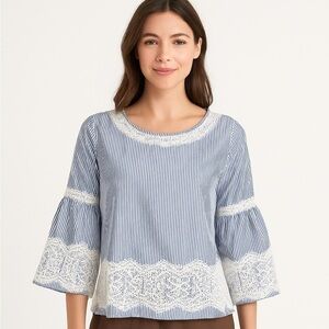 NWT Sensemill Blue Striped Bell Sleeve Lace Trim Blouse